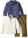 Nautica Baby Three Piece Set with Woven, Quarter Zip Sweater, Flat Front Twill Pants, Ivory, 0-3 Months