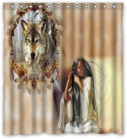 66" x 72" Native American Indian Girl and Wlof Waterproof Bathroom Fabric Shower Curtain,Bathroom decor