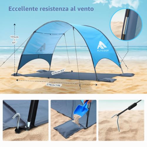 Flycoop Beach Umbrella with UPF 50+ UV Protection, Compact and Portable with 360° Ventilation, Windproof Ropes and Stakes for Family, Travel, Backyard, Park Shade