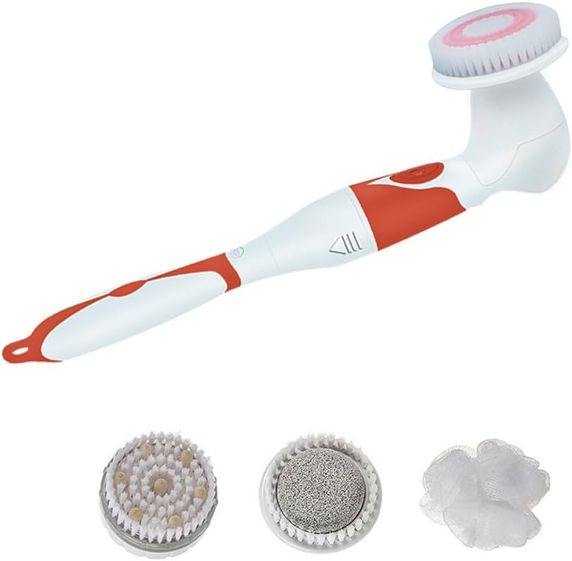 Electric Spa Massage Brush Spin Shower Facial & Body Cleansing Brush Kit with Long Handle and 4 Attachments (Medium, orange)