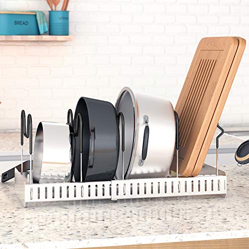 Lifewit Expandable Pan and Pot Lid Organizer Rack Holder Adjustable Kitchen Cabinet Pantry, 5-Tier Compartments Cupboard Bakeware Lid Plate Holder, Silver and Black - Thumbnail 4