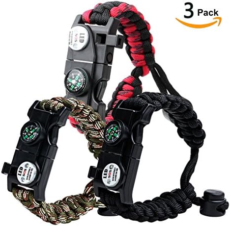MOUOM Paracord Survival Bracelet 20 in 1 SOS LED Light Survival Gear Kit with Emergency Knife Whistle Compass Fire Starter for Camping Hiking Cycling