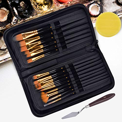Haneye Artist Paint Brush Set, 15 Pcs Sizes Nylon Art Paint Brushes with Case, Wood Handles, with Painting Knife and Watercolor Sponge, Multifunction Brush for Gouache, Acrylics, Oil and Watercolor