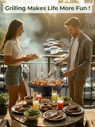 FOHERE 2400W Electric Barbecue 2 in 1: Stand & Table Grill, Adjustable Temperature 0-300°C, 2 Zones, Non-Stick Plate Diameter 41 cm, Condiment Rack and Grease Tray, Black