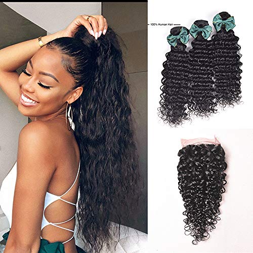 Luduna Deep Wave Hair With Closure 3 Bundles Brazilian Hair 8a
