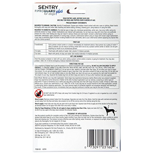 SENTRY Fiproguard Plus Flea and Tick Topcial for Dogs, 4-22 lbs, 3 Month Supply - Thumbnail 6