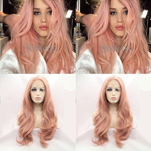 Hot sale lady gaga s peach pink synthetic wig long stra…