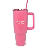 kate spade new york 40 Ounce Tumbler with Handle and Straw, Cupholder Friendly, Double Wall Stainless Steel Insulated Cup, Pink