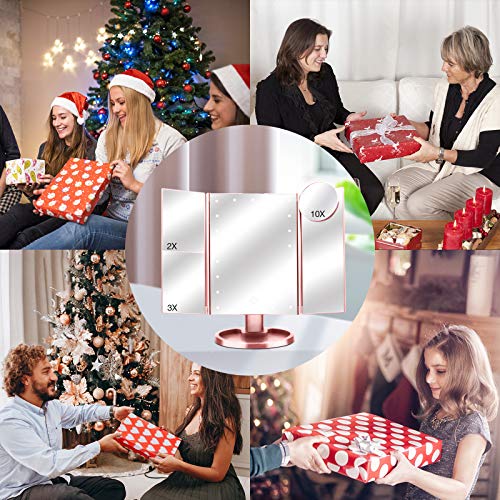Makeup Mirror with 10X 3X 2X 1X Magnification, Touch Screen Trifold Vanity Mirror 22 LED Cosmetic Lighted Up Mirror, Dual Power Supply