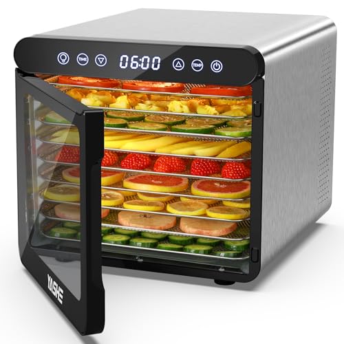 YASHE Food Dryer, 800W Dehydrator with LED Display, Temperature Up to 75°C and 48H Timer, 9 Stainless Steel Trays, 9 Mesh Sifters, 1 Fruit Tray