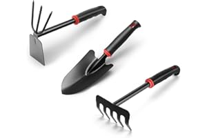 REMEIT Hoe Garden Tool Set, 3 Piece Heavy Duty Gardening Tools, includs 2-in-1 Cultivator and Tiller, Outdoor Hand Rake, Garden Trowel, Garden Tools for Weeding or Digging, Ideal Garden Tool Kit Gift