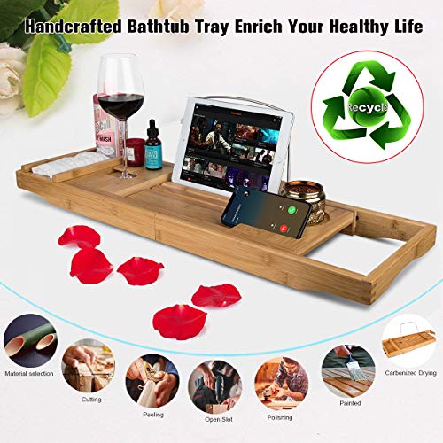 Bathtub Tray Caddy,Bamboo Bathtub Caddy Organizer with Wine Glass and Book Reading Holder ipad Adjustable Extending Sides,Bath Tray Table Accessories for Tub Shower,Free Soap Holder,Extra Wide Board - Thumbnail 2