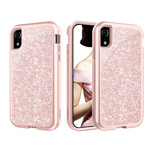 Women Case for iPhone XR Case, Solomo Luxury Bling Glitter Heavy Duty Hybrid Sturdy Armor Defender High Impact Shockproof Protective Cover Bling Case for iPhone Xr 6.1 inch (Rose Gold)