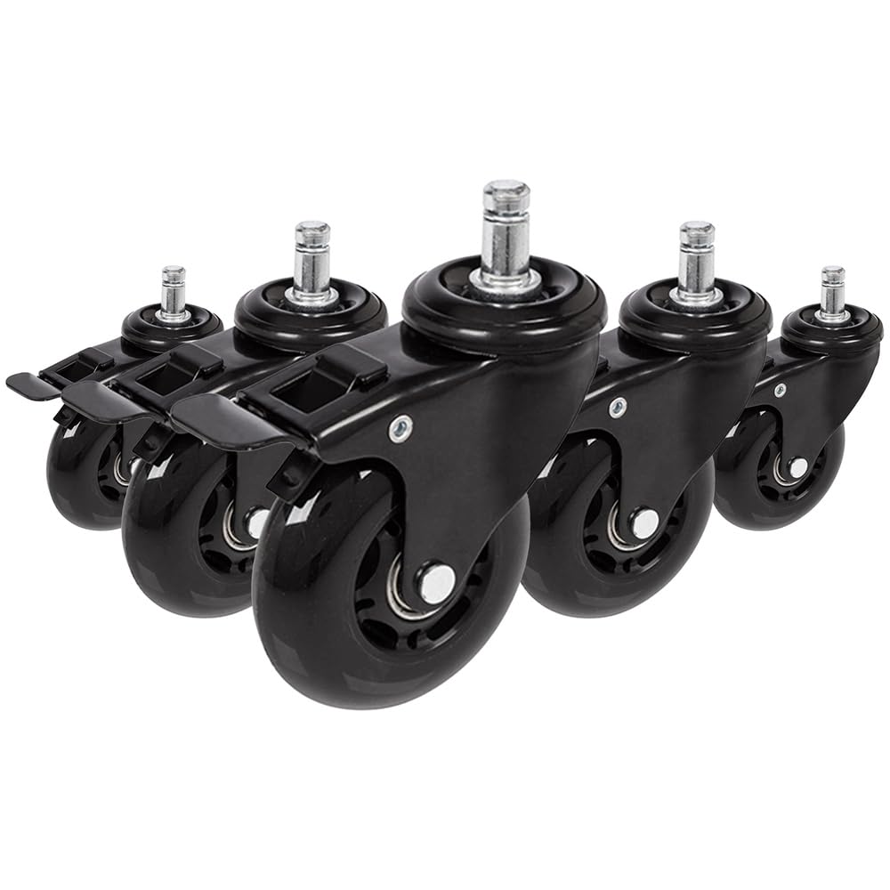 hjh OFFICE Rolo Skate 729400 Office Chair Castors Black 5 x Hard Floor Castors 11 mm x 75 mm with Parking Brake