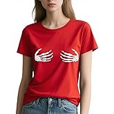AMZAREA Halloween Shirts for Women 2025 - Skull Hand Pattern Print Short Sleeve Casual Round Neck Shirts