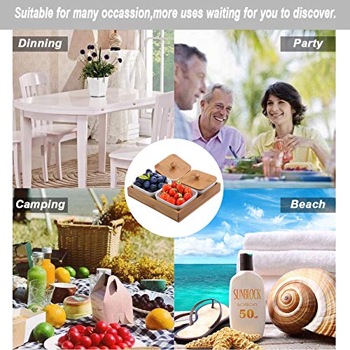 Ceramic Snack Serving Tray, 4-Compartment Tray Serving Platter with Bamboo Lid and Pallets,Moisture-proof Bowls for Food,Snacks,Condiments, Appetizers(White)