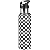 Black White Checkered Pattern Water Bottle Kids Insulated Boys Girls Stainless Steel Straw Lid 20 oz Hot Cold Water Flask School Sport