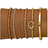 Tornito 6Pcs Gold Bracelets 14K Gold Plated Stainless Steel Link Chain Bracelet Waterproof Stackable Cuban Paperclip Bead Rope Love Knot Cuff Bracelets for Women 6.5 Inches Silver Gold Tone Adjustable