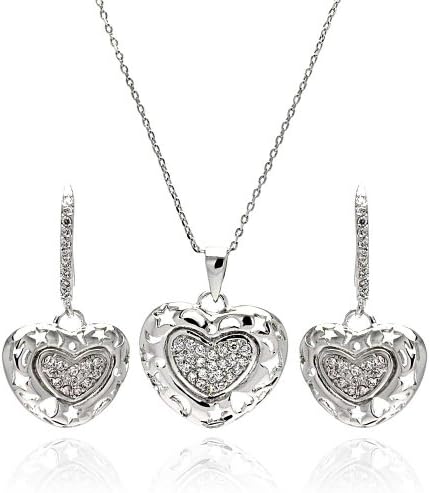 Exquisite Rhodium Plated Brass Heart Multiple Open Shapes Clear CZ Leverback Earring Necklace Set