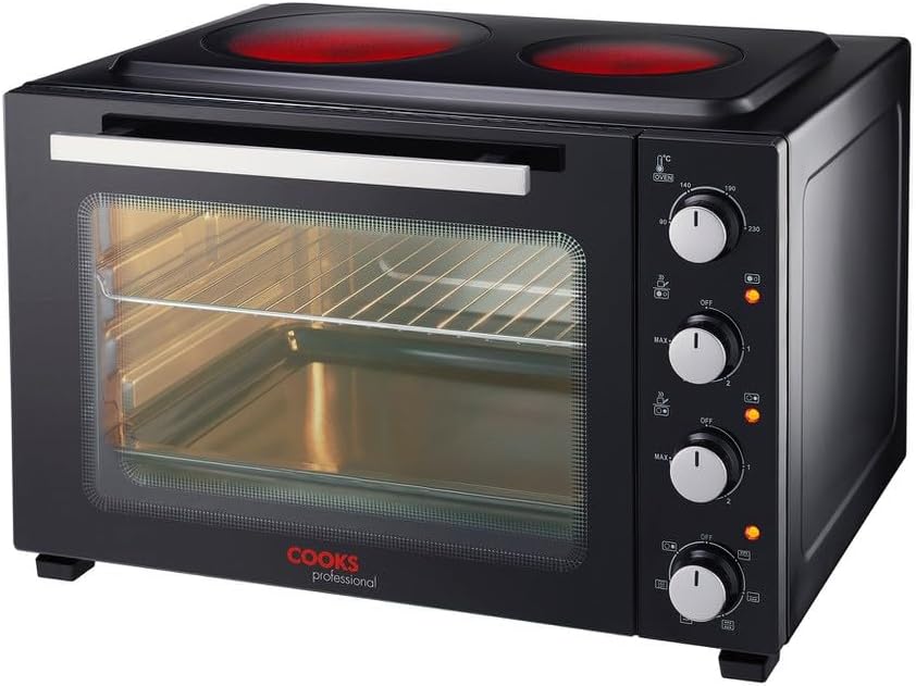 Cooks Professional Mini Portable Oven with Two Ceramic Hobs 48L Black Silver