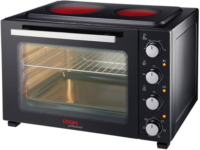 Cooks Professional Mini Portable Oven with Two Ceramic Hobs 48L Black Silver