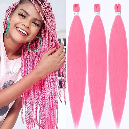 Photo 1 of Pre stretched Braiding Hair 32 Inch Pink Braiding Hair Extensions Yaki Braids Hair Hot Water Setting Synthetic Hair Colored Braiding Hair Crochet Hair(3 Packs,Pink#)
