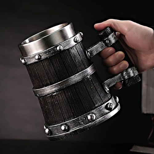 Medieval Viking Wooden Beer Stein, 304 with Stainless Steel Liner,Nordic Viking Runes Tankard Coffee Cup Home Decor, Capacity 20 OZ (Black) Men Father’s Day Gift | Beer Mug | Dubai Souvenir