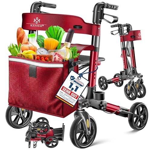 KESSER Leichtgewicht Rollator faltbar mit Sitz, Griff, Tasche, schmal für Senioren Wohnung, Klappbar, Höhenverstellbar, Reflektoren | All Gelände Reif