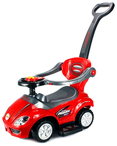 Deluxe Mega 3 in 1 Car Children's Toy Stroller & Walker Combo w/Working Horn, Underseat Storage (Red)