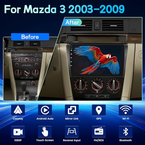 [2G+64G] Android Radio for Mazda 3 2003-2009, CarPlay & Android Auto Wireless, EQ DSP, Car Radio with 9 Inch Touchscreen, GPS, WiFi, FM RDS, Bluetooth, SWC + Rear Camera