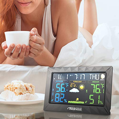 Wellness Personal Care Wired/Wireless Weather Station with Thermometer, Hydrometer & Alarm Clock/Snooze Featuring Bright Color Coded LED Digital Display Screen with Large Easy to Read Digits - Thumbnail 7