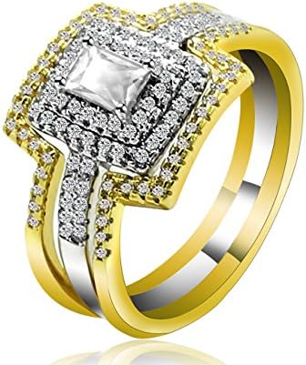 Gold Platinum Two Tone Plated Halo 3 PCS Bridal Set Wedding Rings with Princess Cubic Zirconia, Size 5 to 10