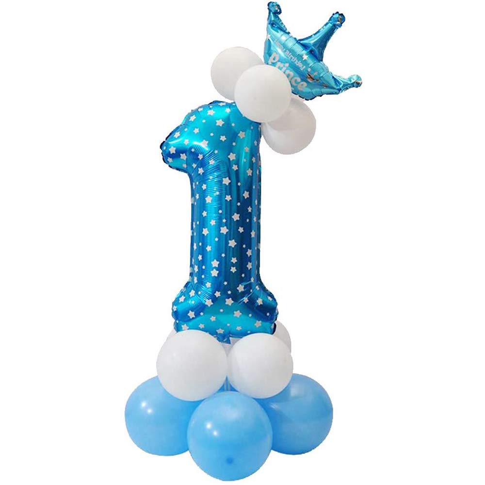 POFET All Numbers Letters Princess Prince Crown Foil Balloons Upright Column Set Birthday Party Decor - Blue 1
