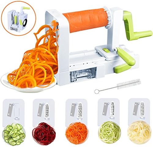 Spiralizer Vegetable Slicer, 5-Blade Spiral Slicer, Foldable Veggie Pasta Zucchini Spaghetti Zoodle Maker with Strong Suction Pad, Extra Blade Caddy and Cleaning Brush