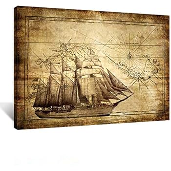 Kreative Arts 7314 Vintage Adventure Ocean Sailing Map Poster Art Print Canvas Framed for Living Decor Kids Study Room Ready to Hang, 24'' x 32'' (60x80cm)