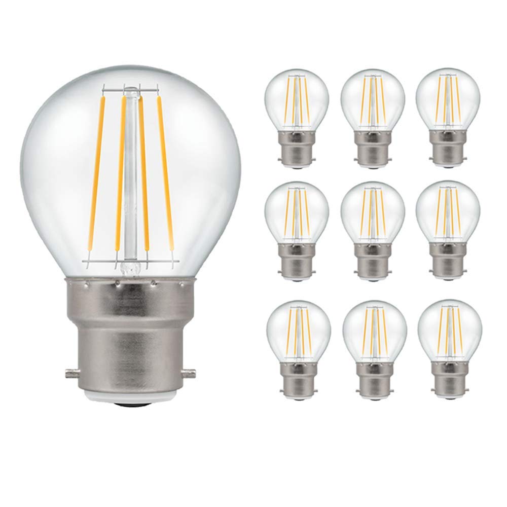 Pack of 10 x Crompton LED Dimmable Filament Golf Ball Light Bulb Clear 5W B22 BC 2700K Warm
