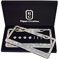 Handcrafted Bling License Plate Frames for Women, Men | 2 Pack Bedazzled Cover with Glittery Screw Caps | Stainless Steel Dia