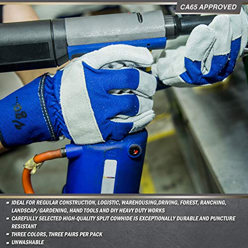 image for Vgo... Vgo 3Pairs Cow Split Leather Men's Work Gloves with Safety Cuff