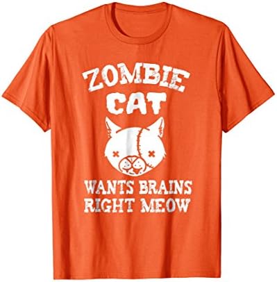 Mens Zombie Cat Wants Brains Right Meow T-Shirt Undead Pets Small Orange