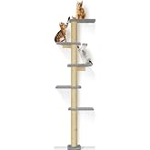 PAWSCRAT 5-Tier Wall-Mounted Cat Tree, 80-Inch Sisal Cat Post, Grey | Cat Scratching Post for Indoor Cats, Cozy hammock and Durable Sisal Post, Vertical Space to Jump, Climb, Scratch and Rest