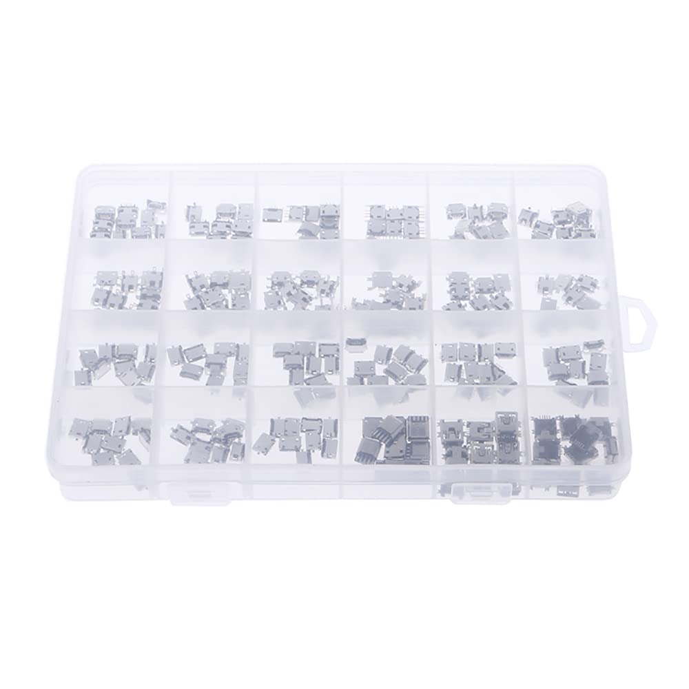 240Pcs/Set Micro USB Connector, 5 Pin Charger Socket 24 Types Assortment Kit with Storage Box for Interface Electrical Connector