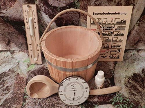 Sauna Set exclusiv 7-teilig, Saunakübel aus PEFC zertifizierten Lärchenholz, mit Kunststoffeinsatz, Hanfseil,Sauna Aufgußkelle mit Ausgießer,Sanduhr ,Thermo-Hygrometer,Baderegeltafel,Aufgußöl