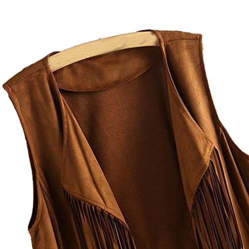 Amacok Women Fashion Faux Suede Ethnic Sleeveless Tassel Fringed Vest Cardigan Tank Tops Outerwear (Khaki, L) - Thumbnail 2