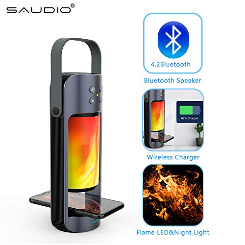 Portable Bluetooth Speaker Stereo Wireless Charger with Flame LED Night Light, SAUDIO Extraordinary Bass Support TWS SD/USB Plug&Play,Hands Free Answer for iOS Android Phones