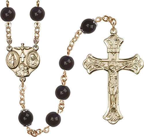 14kt Yellow Gold Filled Rosary 8mm Black Capped Our Father beads, Crucifix sz 1 7/8 x 1 1/8. 3-Way medal charm