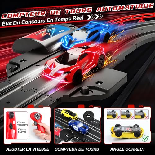 JONRRYIN Circuit Voiture Enfant, 1:64 Circuit Voiture Electrique, Extra-Long Piste De Course - 4 LED Voitures, USB, Télécommande, Comptoir, 360° Boucle, Jouets Cadeaux pour Enfant 6-12 Ans (737CM)
