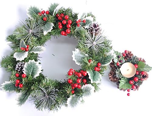 OOLLWW 16"Handmade Artificial Christmas Wreath Front Door Decor Applique Wreath Kit Silver Bristles with Tealight Candle Holders£¬ Pine Cones, Red Berries
