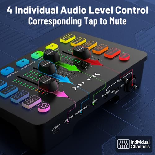 4-Channel XLR Audio Mixer with 48V Power - 6 Voice Effects, RGB Lighting, Mute, Individual Volume Control for Windows/macOS/Linux/DJ/Podcast/Streaming/Gaming