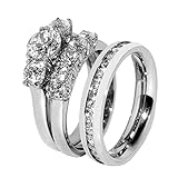 His/Hers 3 PCS Stainless Steel 3-Stone CZ Wedding Set /Mens All Around CZ Band-W7M10