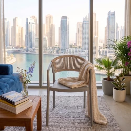 MARCOLO Chair with Arms, Outdoor Plastic Dining Armchair, Weather & UV Resistant Patio Chair for Balcony, Garden, Kitchen & Indoor Outdoor Use, Modern Rope-Style Design, 41x53.5x82cm (Grey)